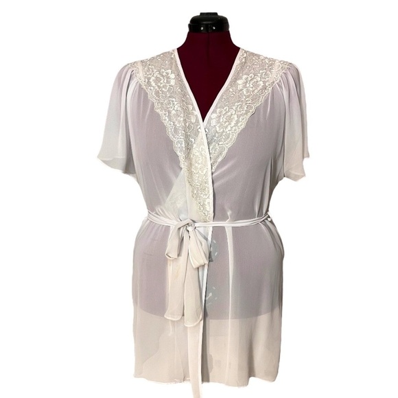La Vie en Rose Chiffon Kimono Length Robe with Floral Lace Collar & Cap Sleeves - Picture 1 of 13